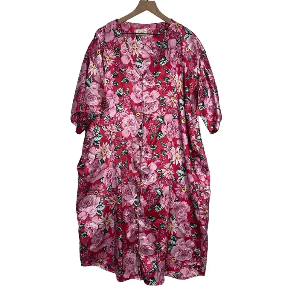 Vintage A'Milan Nightgown Women's One Size Pink Floral Button Front Sleepwear